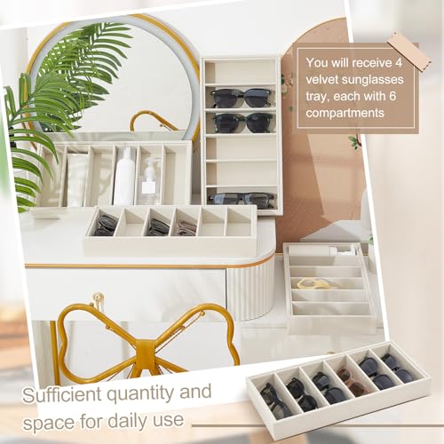 Juexica 4 Pcs Velvet Sunglasses Organizer Tray 6 Grid Sunglass Organizer Velvet Tray Stackable Glasses Display Case for Women Glasses Jewelry Display Watch (Beige) - color: Beige