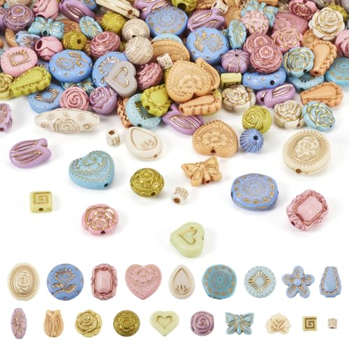 Cheriswelry Assorted Acrylic Beads Vintage Beads Bracelet Making Set Flat Round Flower Butterfly Bead Colorful Metal Enlaced Aesthetic Bead Spacers for Necklace Phone Lanyard Jewelry Making (100G) - color: Colorful