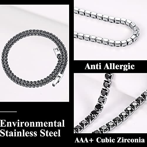 Richsteel Clear/Black 3mm Cubic Zirconia Tennis Chain Necklace for Women and Men 16/18 Inch Stainless Steel/Gold Plated Jewelry(with Gift Box) - style: 03-Steel-Black CZ
