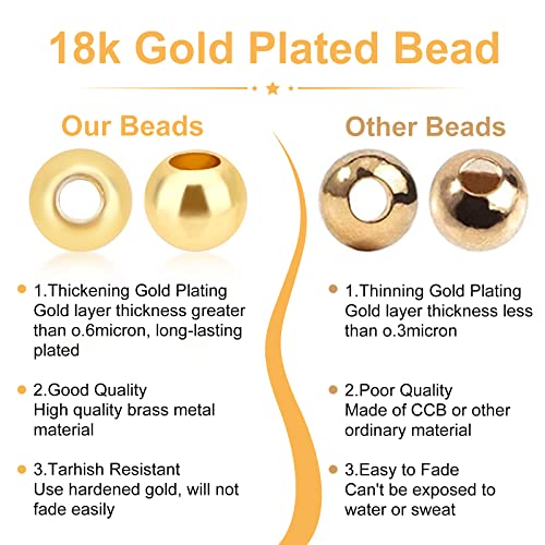 PH PandaHall 500pcs 3mm Gold Beads 18K Gold Plated Beads Long-Lasting Round Smooth Spacer Beads Seamless Loose Balls Mini Seed Beads for Summer Hawaii Stackable Necklace, Bracelet, Earring Making - size: 3mm