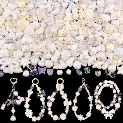 200-260PCS TINKRSTUFF Assorted White Acrylic Beads for Bracelet Making, Cute Beads for Jewelry Making Flower Bow Butterfly Candy GummyBear Aesthetic Bracelet Charms,DIY Necklace Keychain Phone Charm - color: WHITE
