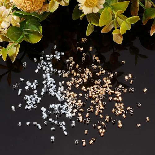 Beebeecraft 1000Pcs 2 Colors Tube Crimp Beads 18K Gold & 925 Sterling Silver Plated Brass Stopper Crimping Bead Column Positioning Beads for Jewelry Making DIY Crafts Findings, Tiny 2x2mm - color: Gold & Silver