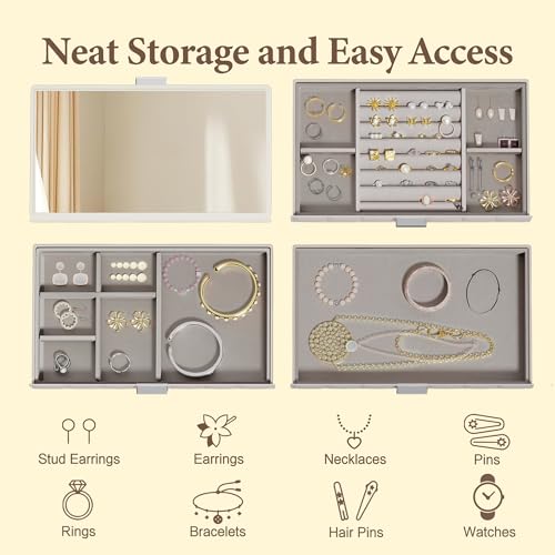 VUSIGN Jewelry Box for Women, 3 Layer Jewelry Organizer with Mirror, Jewelry Storage Case with Removable Pad, Customizable Jewelry Boxes for Rings Earrings Necklaces, White