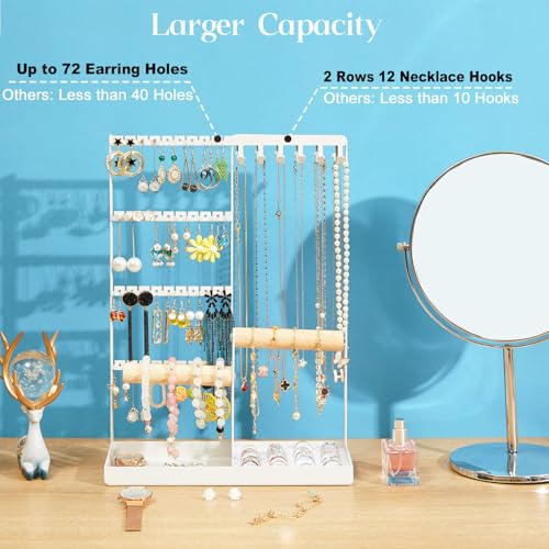 Jewelry Organizer Stand, Jewelry Holder Tree and Storage, Super Large Capacity, 72 Earring Holes, 12 Necklace Hooks, 20 Rings Slot, 2 Bracelet Bars, Assemble Not Required, Size 3.94*9.84*13.78 Inch