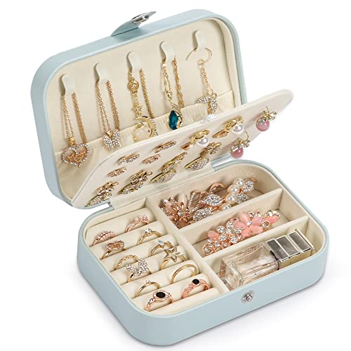 Travel Jewelry Box, PU leather Small Jewelry Organizer For Female Girls, double layer portable mini travel case for storing earrings, rings, necklaces.(Blue) - color: blue
