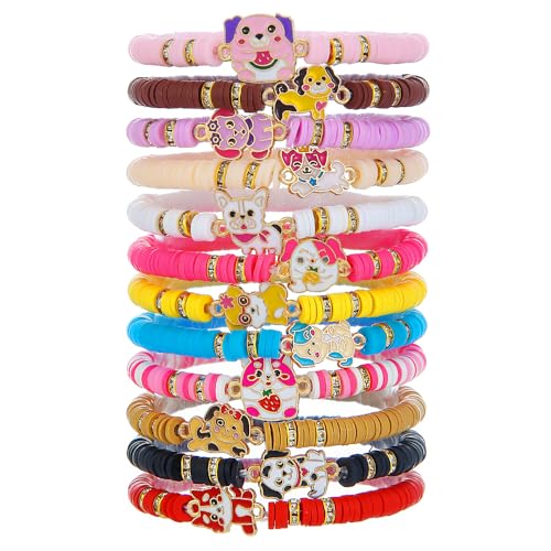 Friendship Bracelets Boho Stackable Bracelets for Women Surfer Heishi Clay Bead Bracelets Stretch Preppy Bracelets Colorful Boho Bracelets for Women - color: 12pcs cute dog