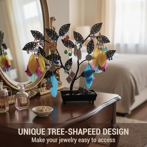MyGift Jewelry Tree w/Bird Nest 48 pair Earrings Holder, Bracelets/Necklace Organizer Stand (Black Metal) - color: Black Metal