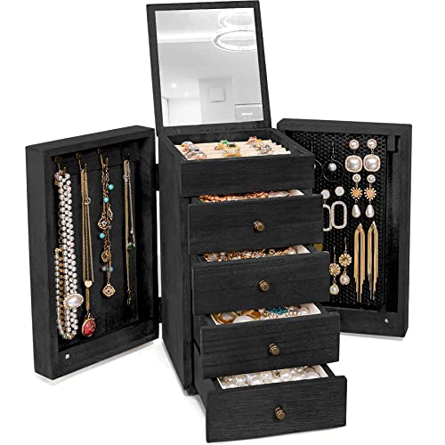 Meangood Jewelry Box Wood for Women, 5-Layer Large Organizer Box with Mirror & 4 Drawers for Rings, Earrings, Necklaces, Black - color: 5 Layer Black, size: 5 Layer