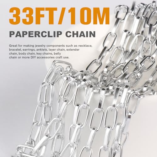 33FT Silver Paperclip Chain Roll 5.5MM Silver Plated Aluminum Paperclip Link Chains Spool Bulk for Jewelry Making - color: silver, size: 5.5MM