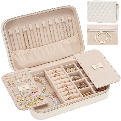 Lolalet Travel Jewelry Case for Women Girls, Travel Jewelry Organizer Box with Mirror & Clear Storage Bag, Small Portable Earring Necklace Bracelet Ring Case, Birthday Valentine Gifts -Medium, White - color: White, size: Medium (8.46"W*5.71"D*2.17"H)