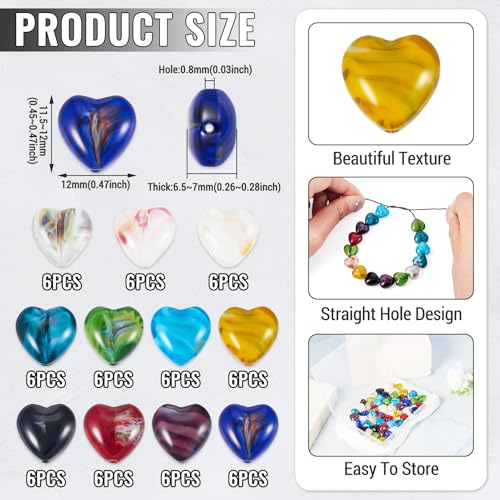 Cheriswelry 66Pcs Heart Pearlized Handmade Lampwork Glass Beads Crystal Glass Love Heart Loose Spacer Beads 11.5mm for DIY Craft Earirng Bracelet Necklace Jewelry Making - color: 11 Color-Heart