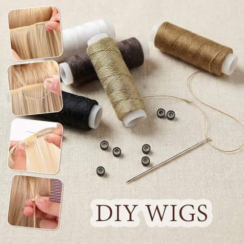 Hair Extension Tools Kit, 2500 Silicone Lined Ring Beads, 8 C/J/I Hair Needles, 5 Rolls Sewing Thread, Sew in Hair Extensions Kit for Hair Styling & Wig DIY Craft - color: Brown
