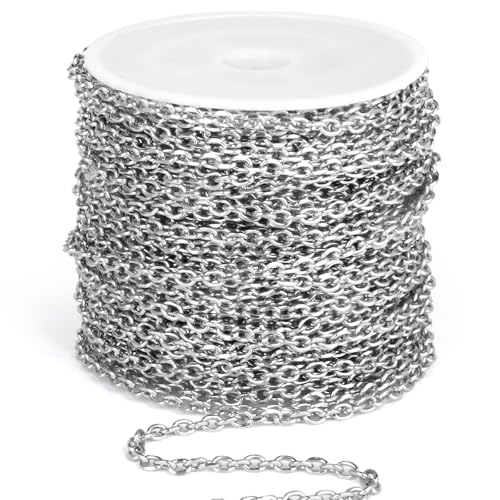 66 Feet Stainless Steel Rolo Cable Chain Bulk, 3.0mm 304 Stainless Steel Diamond-Cut Oval Rolo Cable Link Chains Roll Spool for Jewelry Making - color: Stainless Steel, size: 3.0mm width