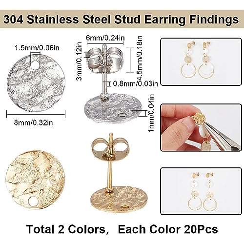 SUNNYCLUE 1 Box 80Pcs 20 Pairs Flat Round Earring Posts Stainless Steel Earring Post with Loop Silver Gold Ear Studs Blank Stud Findings for Jewelry Making Accessories DIY Crafts 1.4mm - color: 20pairs Round Stamping Stud Earring Findings With Ear Nuts