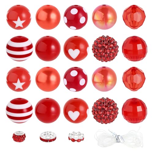 35 Pcs Chunky Bubblegum Beads 20mm Focal Pen Large Rhinestone Pearl Bead with Rhinestone Large Hole European Spacer Bead for DIY Beadable Pen School Jewelry Making Keychain Craft Making(Red) - color: Red