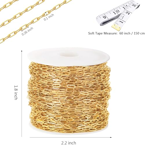 16Ft Stainless Steel Paperclip Chain for Jewelry Making, 2.5mm Width Gold Plated Paper Clip Link Chains Roll for DIY Necklace Bracelet Jewelry Making Supplies with Lobster Clasps Soft Tape Measure - color: Paperclip 2.5mm Gold with Soft Tape Measure