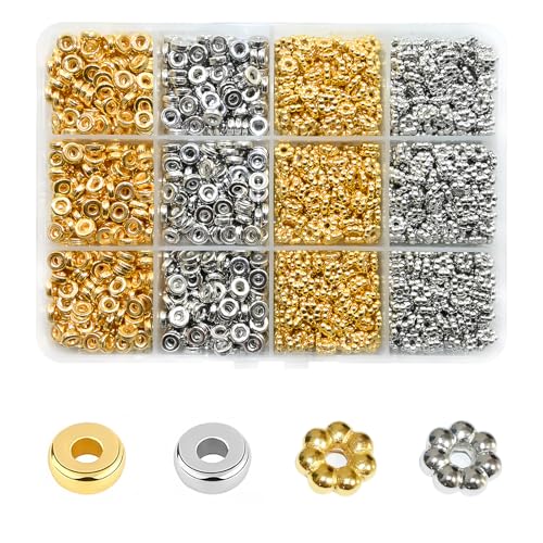 Looconi 1500pcs 6mm Silver and Gold Flat Round Spacer Beads for Jewelry Making DIY Bracelet Necklace Earring Craft Supplies - color: Ring&Flower