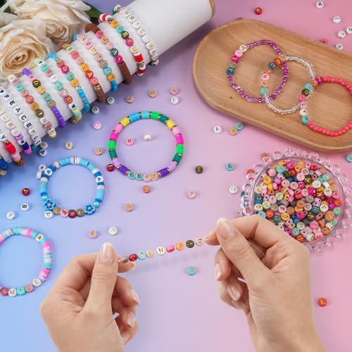 Gionlion 1200+Pcs Letter Beads for Bracelet Making, Round Alphabet Beads for Jewelry Making with Colorful Smile and Heart Beads, DIY Friendship Bracelets with 4x7mm White Beads with Black Letters - color: Black