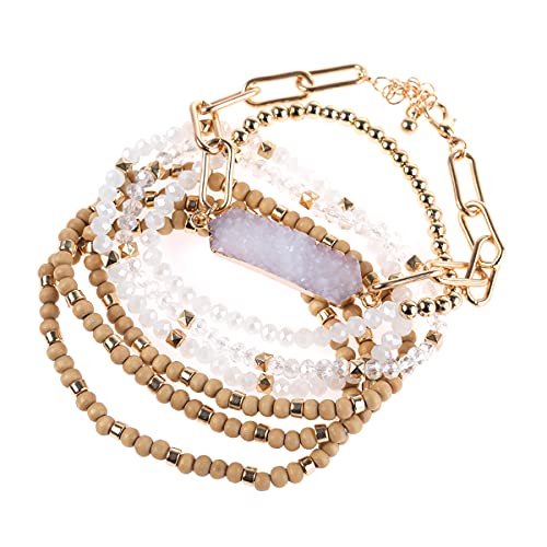 RIAH FASHION Bohemian Acrylic Druzy Multi-Layer Bead Statement Bracelet - Versatile Faux Stone Pendant Stretch Strand Stackable Cuff Bangle Set Sparkly Crystal - color: Hexa Druzy Wood Mix - White