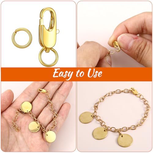 4 Pcs Stainless Steel Lobster Claw Clasps with Jump Rings, No Tarnish Jewelry Findings for Necklace Bracelet Anklet Making, Strong Spring Snap Hooks Closures (12mm/0.47 Inch, Silver + Gold)