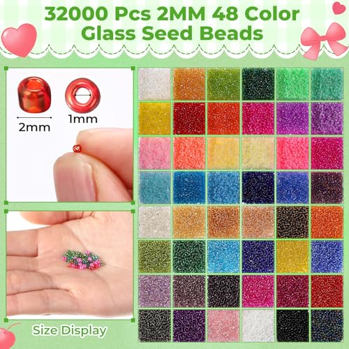 Tondiamo 32000 Pcs 2mm Glass Seed Beads and 12000 Pcs 7mm Tube Beads Set, Small Craft for DIY Bracelet Necklaces Crafting Jewelry Making Supplies with Beading Needles Elastic Strings, 48 Colors