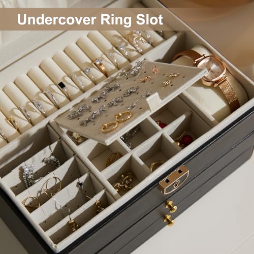 3 Layer Jewelry Box with Lock, Women Large Jewelry Holder Organizer with Drawer for Necklaces, Rings, Bracelets, Earrings, Watches, Valentines Gift for Mom Girl Wife (Black) - color: Black