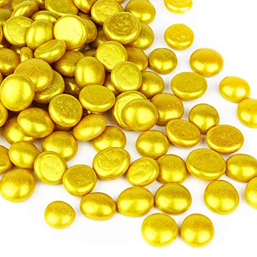 CYS EXCEL Gold Glass Gemstone Beads Vase Fillers (1 LB) Flat Marble Beads Multiple Color Choices Aquarium Decor Rocks Floral Stones Decorative Mosaic Glass Gem Pebbles (Approx. 85-100 PCS) - color: Gold, size: 1 LB