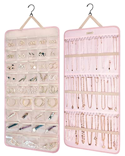 BAGSMART Hanging Jewelry Organizer Storage Roll with Hanger Metal Hooks Double-Sided Jewelry Holder for Earrings, Necklaces, Rings on Closet, Wall, Door, 1 piece, Extra Large, Pink - color: Pink, size: X-Large