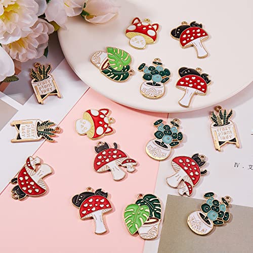 24 Pieces Mushroom Enamel Charm Pendant Plants Alloy Enamel Charm Mixed Shape Pendant for Jewelry Necklace Bracelet Earring Making Crafts