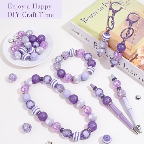 35 Pcs Chunky Bubblegum Beads 20mm Focal Pen Large Rhinestone Pearl Bead with Rhinestone Large Hole European Spacer Bead for DIY Beadable Pen Jewelry Making Keychain Craft Making(Purple) - color: Purple