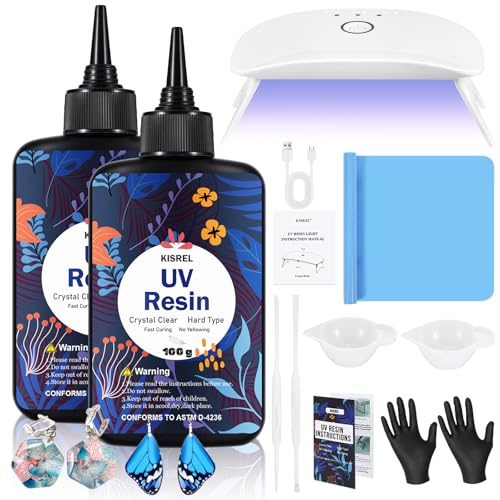 KISREL UV Resin with Light - 200g Upgraded Hard Type Crystal Clear Ultraviolet Curing UV Resin Kit, 8 Lamp Beads UV Light, Resin Kit with Light for Craft Jewelry Making - size: Uv200g+8 Lamp Beads