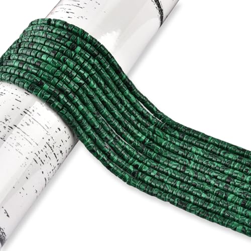 300pcs Natural Green Malachite Heishi Spacer Beads 2x4mm Genuine Real Disc Stone Beading DIY Charm Smooth Loose Gemstone Beads for Jewelry Making Bracelets Necklaces Earrings Crafts - color: Green Malachite