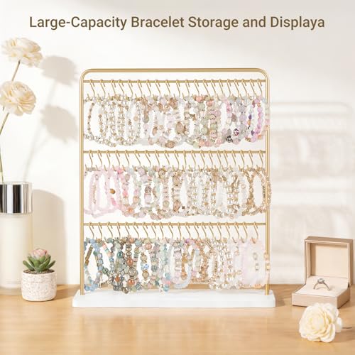 Mkono Bracelet Holder Metal Jewelry Organizer Display Stand Modern Necklace Holder with 60 Hooks Storage Rack for Hanging Bangle and Earrings Bedroom Dressing Table Decor Gifts for Women,Gold