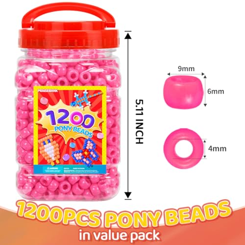 Praisebank Pony Beads, 1200pcs 6x9mm, Wholesale Beads, Bracelets Jewelry Making, Arts & Crafts(Pink) - color: PINK, size: Small Size