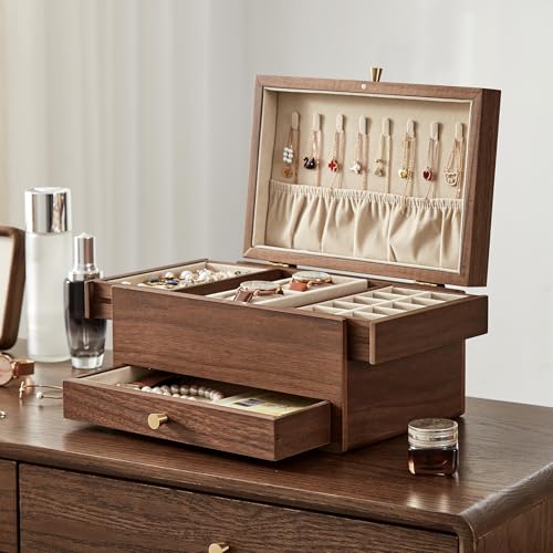 CHOSIN Black Walnut Wooden Jewelry Box for Women, 3 Level Multi-functional Drawer Organizer Box Watch Necklace Ring Earring Storage Mothers Day Gifts for Mom - style: No Mirror
