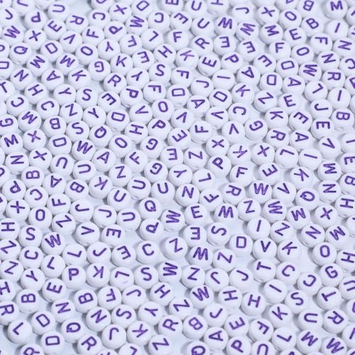 Purple Letter Beads Alphabet Letters White Round Bead, 4x7mm 1200pcs, Flat Letter Beads Purple Friendship Bracelets Making Kit Beads for Bracelets Purple Beads with Box - color: Purple Letter White Bead, size: 4×7mm(Round)