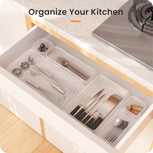【Military Grade】A-LuGei Drawer Organizer,【𝟱𝗦𝗶𝘇𝗲】Makeup organizer,【Holds 177 Items】Bathroom Organizers and Storage,Organization and Storage,Desk Drawer Organizer for Vanity【Clear】