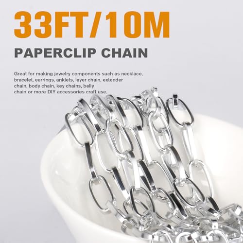 33FT Silver Paperclip Chains Roll, 7mm Aluminum Cable Link Chain Spool Bulk for DIY Crafts Jewelry Making - color: silver, size: 7MM