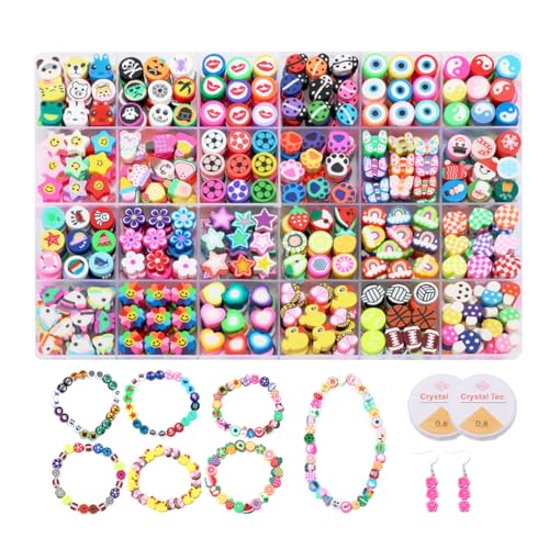 500 Pieces Polymer Clay Beads for DIY Jewelry Making, 24 Style Cute Clay Bead Animal Beads Flower Football Sports Beads Charms for Bracelets Necklace Crafts Kits for Adults Women