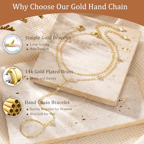 CHESKY 14K Gold Plated Hand Chain Bracelets for Women Set - Dainty Finger Ring Bracelet Stack Adjustable Hand Chains Durable Beaded Bracelets Trendy Simple Body Jewelry Gift for Women - style: 2tennis bead bracelet-gd