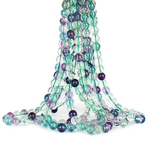 70PCS Natural 8MM Healing Gemstone, Fluorite Energy Stone Round Loose Beads, Semi-Precious Crystal Beads with Free Elastic String for Jewelry Making DIY - color: Fluorite