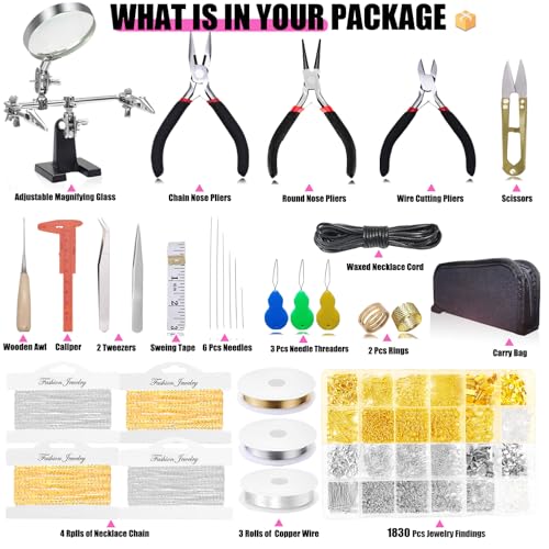 MONVICT Jewelry Making Supplies Kit with Jewelry Making Tools, Findings, Necklace Chain, Jewelry Wires, Adjustable Magnifier, Carry Bag, Meet All the Needs of Jewelry Making, Repair, Beading