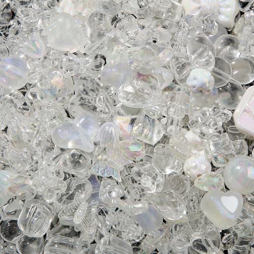500g Acrylic White Wedding Beads Flower Star Butterfly Candy Acrylic Kawaii Beads for Keychain Bracelets Jewelry Making DIY Plastic Crafts (White) - color: white