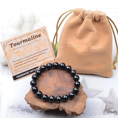 MASSIVE BEADS Handmade Yoga Stretch Elastic Bracelet Natural Stone Crystal Healing Power Energy Gifts for Unisex Adult 4mm 6mm 8mm 10mm - color: Black Tourmaline(Super Protection), size: 10mm