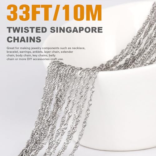 33 Feet Stainless Steel Singapore Chains Roll, 2mm 304 Stainless Steel Twisted Link Chain Bulk Spool for Jewelry Making DIY Craft - color: 2mm Stainless Steel