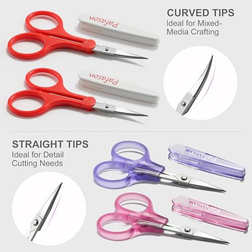 PAFASON Small Craft Scissors Set Straight Precision Fine Tip All Purpose for Scrapbooking Quilting Sewing Knitting Embroidery Cross Stitch Crochet Thread Yarn Paper Fabric Detail Cutting, Safety Case - style: Classic