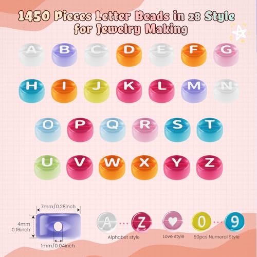 FZIIVQU 1400 Pcs Letter Beads Kit, 28 Styles White Acrylic Alphabet Beads Letter Beads for Jewelry Making wiht Number Beads Heart Beads Friendship Bracelet Kit - color: White Letter & Transparent Colour Base, size: 4*7mm