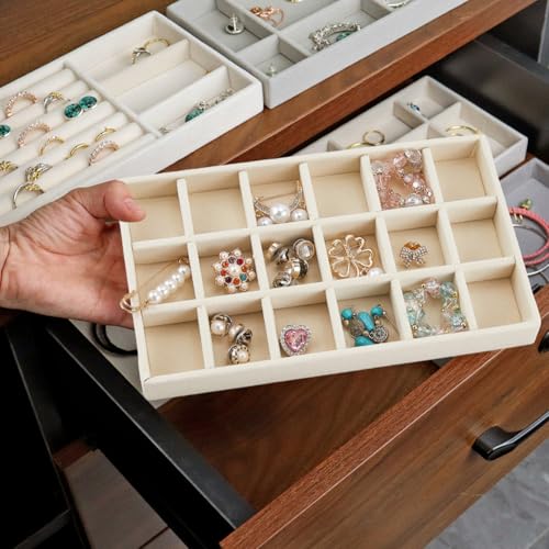 2Pcs 5 x 8.3 Inch Jewelry Box Tray Velvet Jewelry Drawer Insert Antique White 18 Grids Divided Stackable Necklace Storage Container Dresser Drawer Case for Earring Rings Display Showcase - style: White 18 Grids