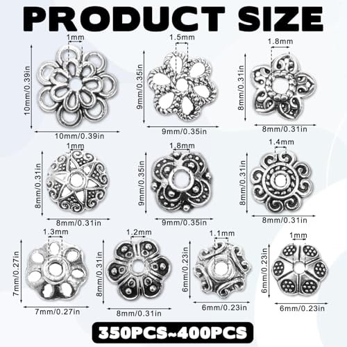 360 Pcs Flower Spacer Beads, 10 Styles Bead Caps Alloy Floral Metal End Cap Silver Vintage Spacers Jewelry Spacers for DIY Bracelet Necklace Earrings Jewelry Making