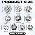 360 Pcs Flower Spacer Beads, 10 Styles Bead Caps Alloy Floral Metal End Cap Silver Vintage Spacers Jewelry Spacers for DIY Bracelet Necklace Earrings Jewelry Making